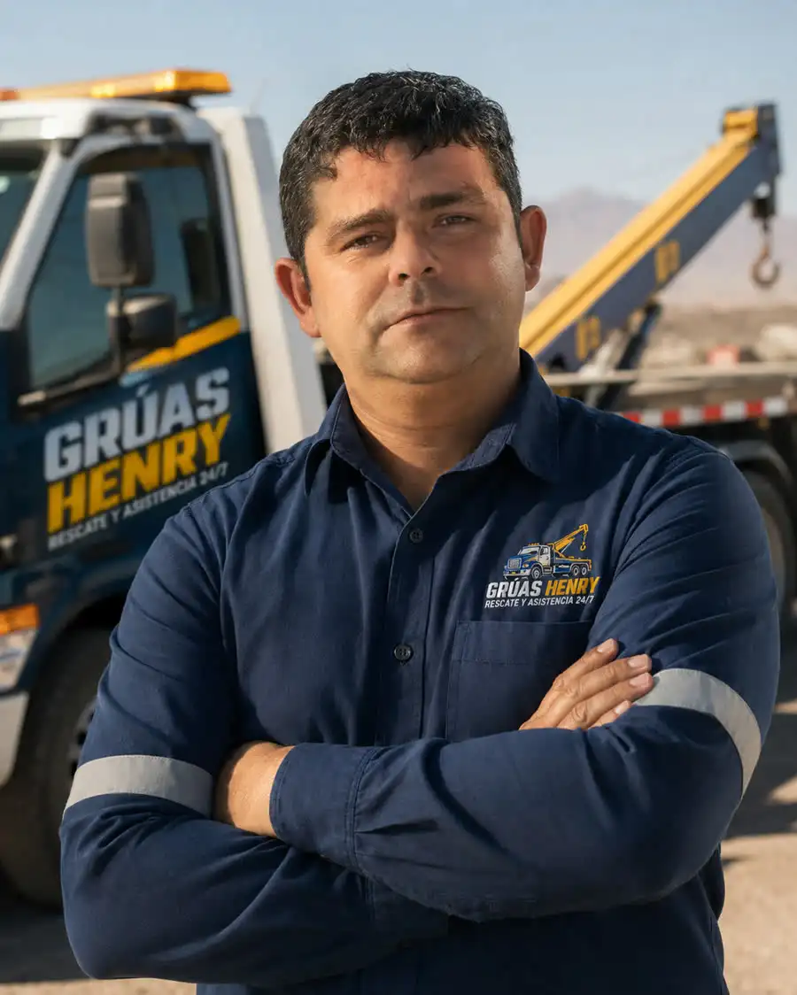 Henry, dueño de Grúas Henry, frente a su grúa en Antofagasta